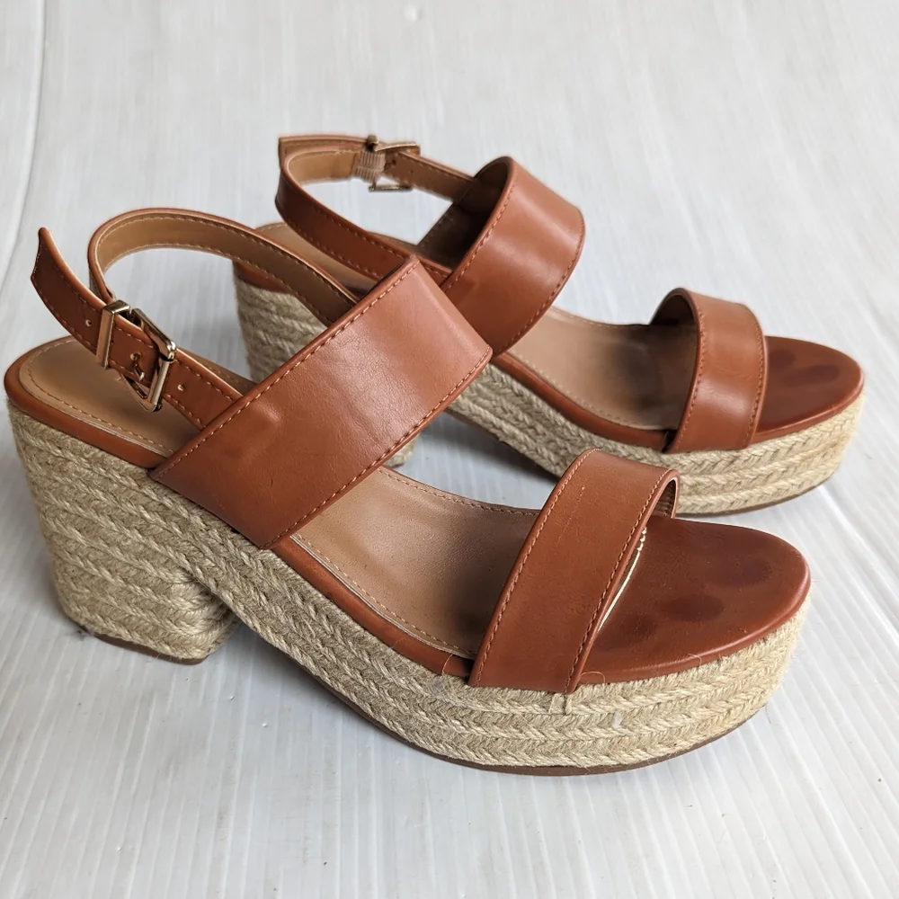 LOLITA brown faux leather strappy sandals with chunky espadrille platform sole